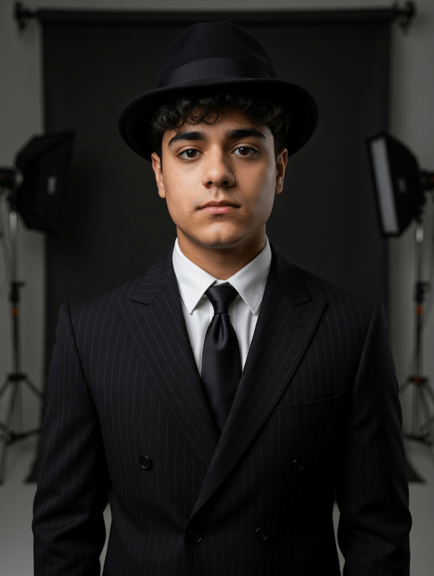 Ritratto in studio di Nicolas Caporale, in abito gessato e borsalino