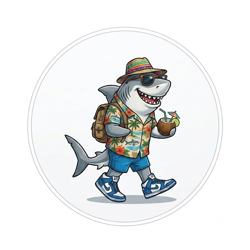 Logo di Trallalero Travel: uno squalo in vacanza con camicia hawaiana e cocco in mano